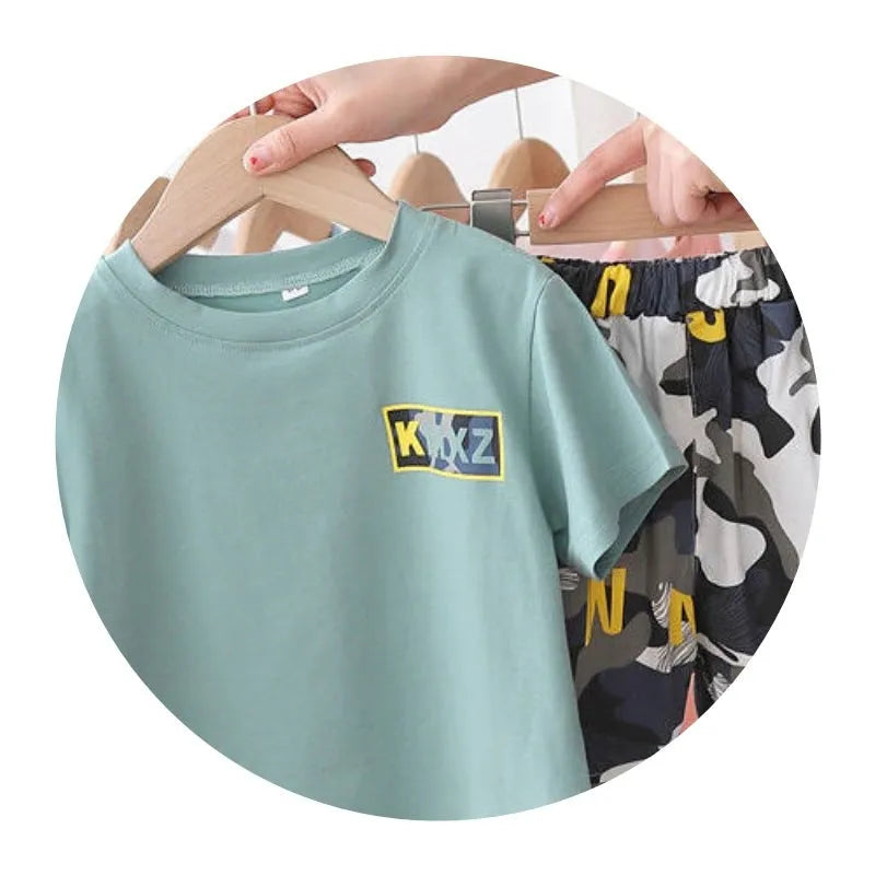 Children's cotton camouflage shorts summer suit in green and white for boys and girls sizes 90-140cm