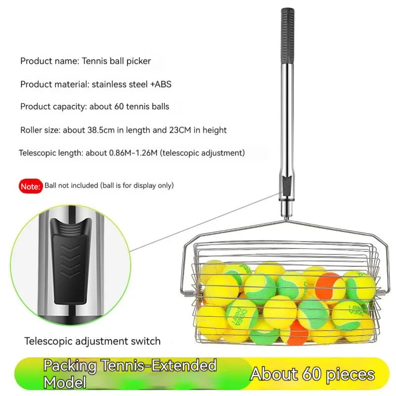 Stainless steel adjustable tennis ball picker roller with capacity for 30 or 60 balls