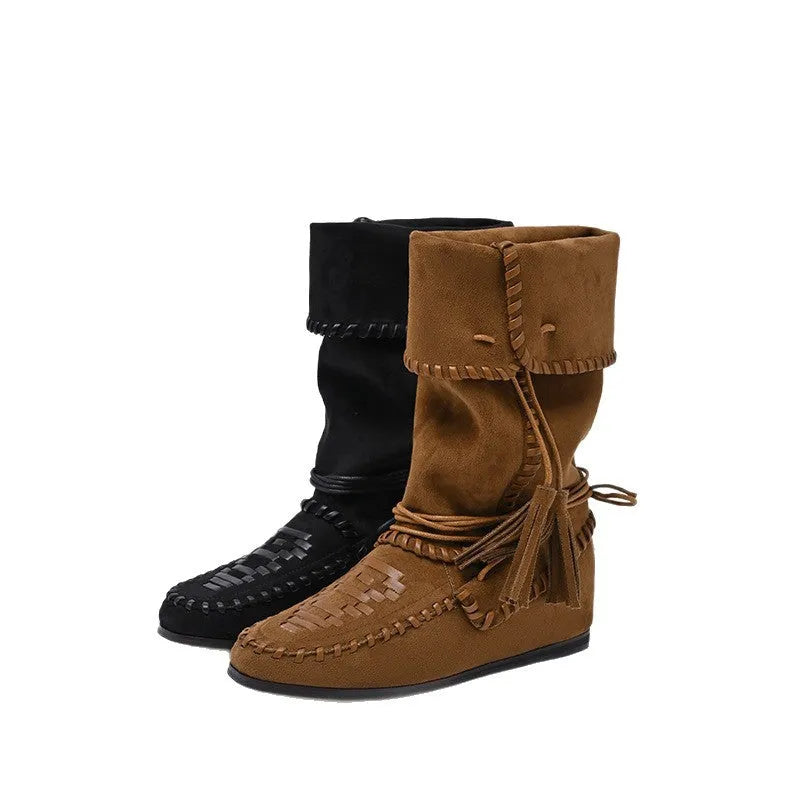 Mid-top square toe western cowboy boot in brown with suede lining and flat heel
