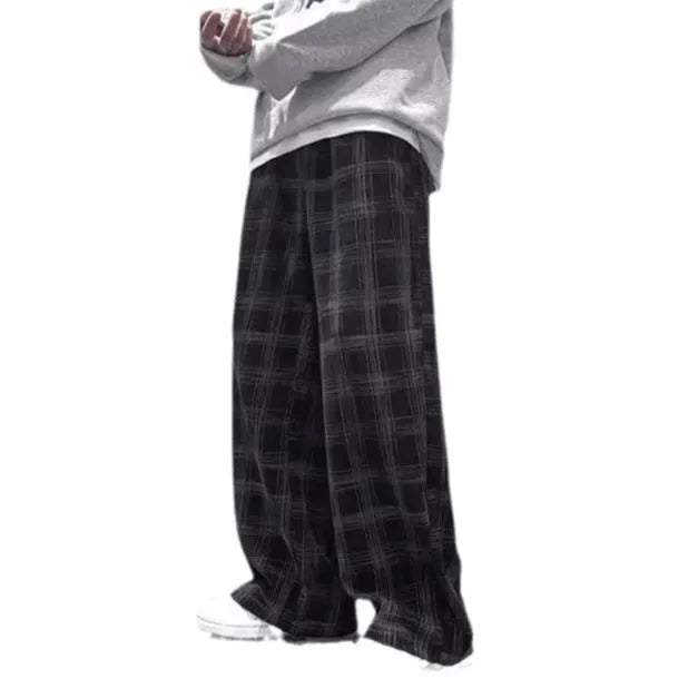 Black and green plaid Japanese retro loose trousers with straight-leg design
