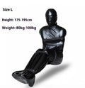 Black patent leather restraint set showing full body wrap harness and six ratchet tie down straps