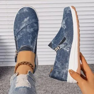 Plus size women's canvas slip-on shoes, round toe, flat rubber sole, blue or brown, sizes 36 to 43