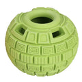 Natural rubber food dropping ball toy in green and orange, 14x10x10cm, for interactive dog treat dispensing
