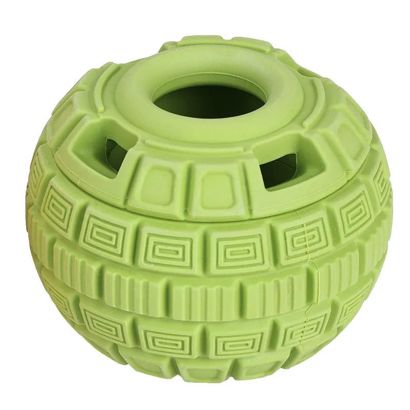 Natural rubber food dropping ball toy in green and orange, 14x10x10cm, for interactive dog treat dispensing