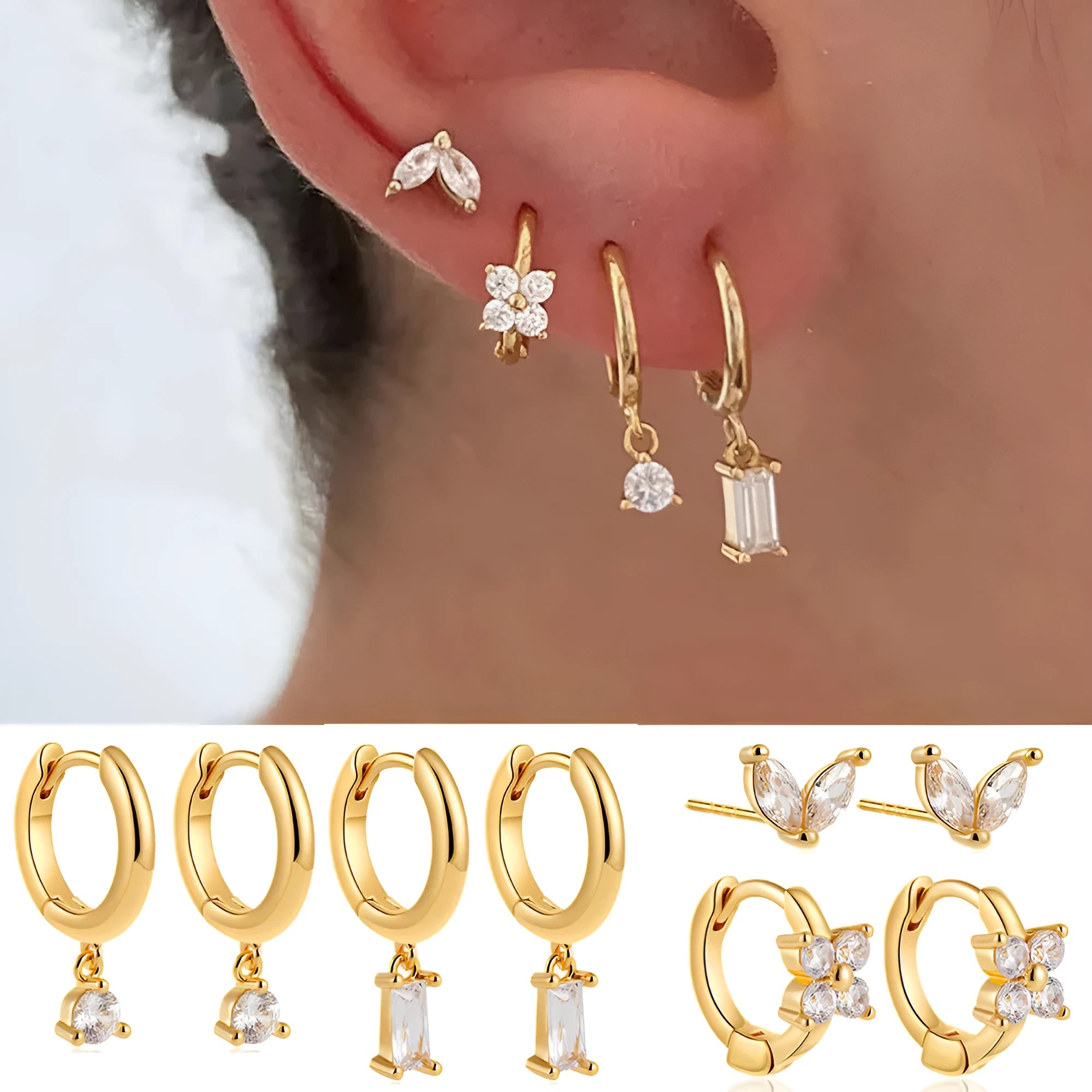 Geometric zircon earrings set for women with gold electroplated finish showing star and square designs