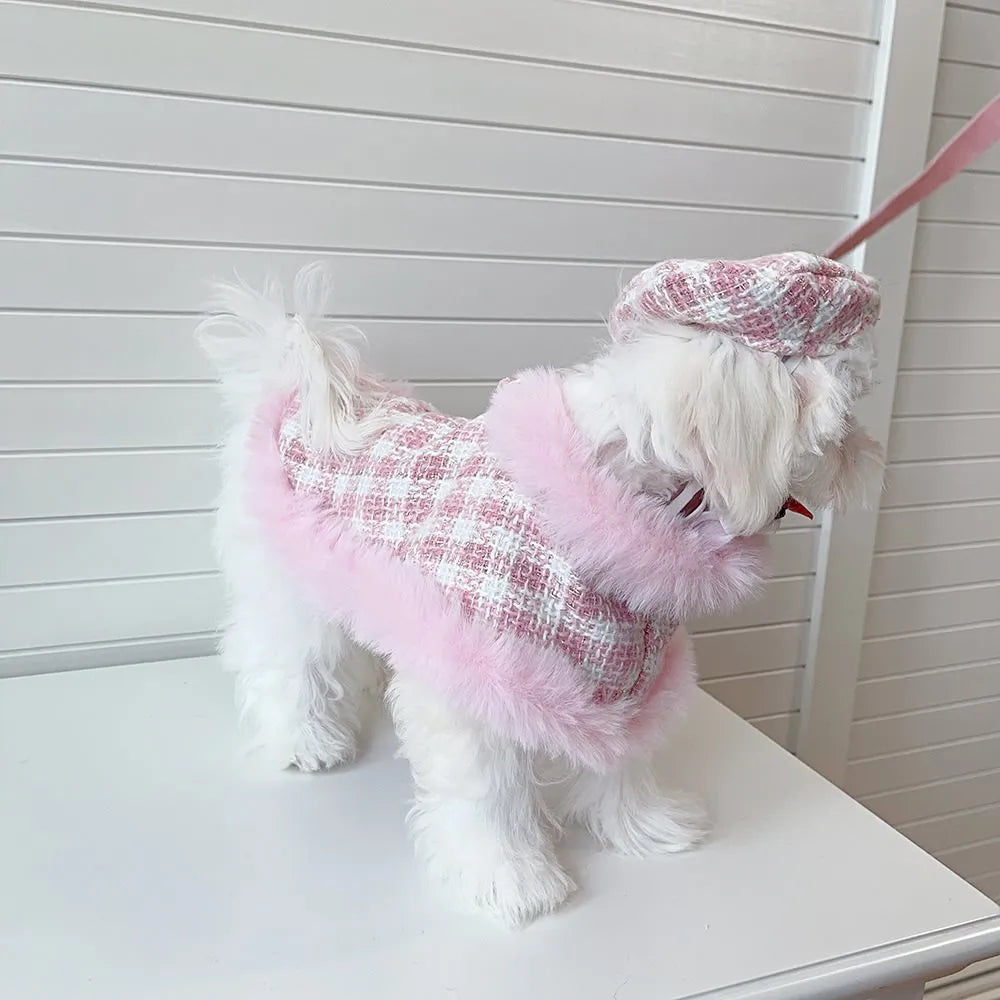 Pink polyester cat cloak costume with beret and hand-holding rope harness for walking control