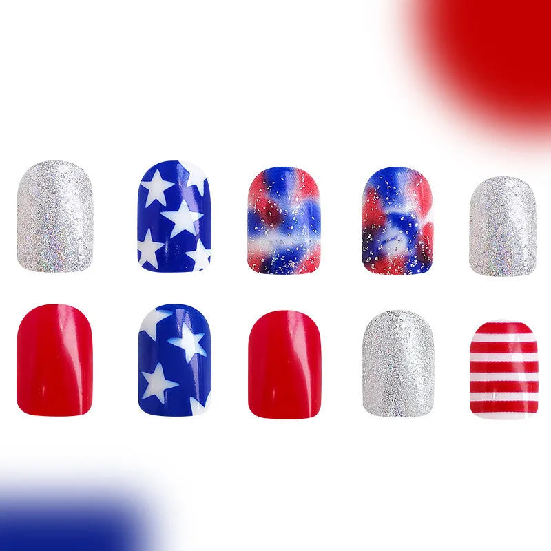 Independence Day nail art set showing three five-pointed star designs in European Square style