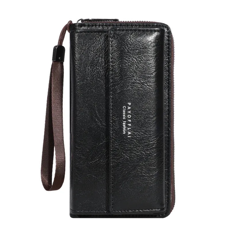 Men's PU leather wallet with multiple card slots in black, brown, and coffee colours showing compact 19cm design