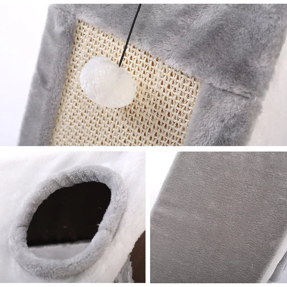 Triangle-shaped grey and white cat bed with integrated sisal scratching surface.