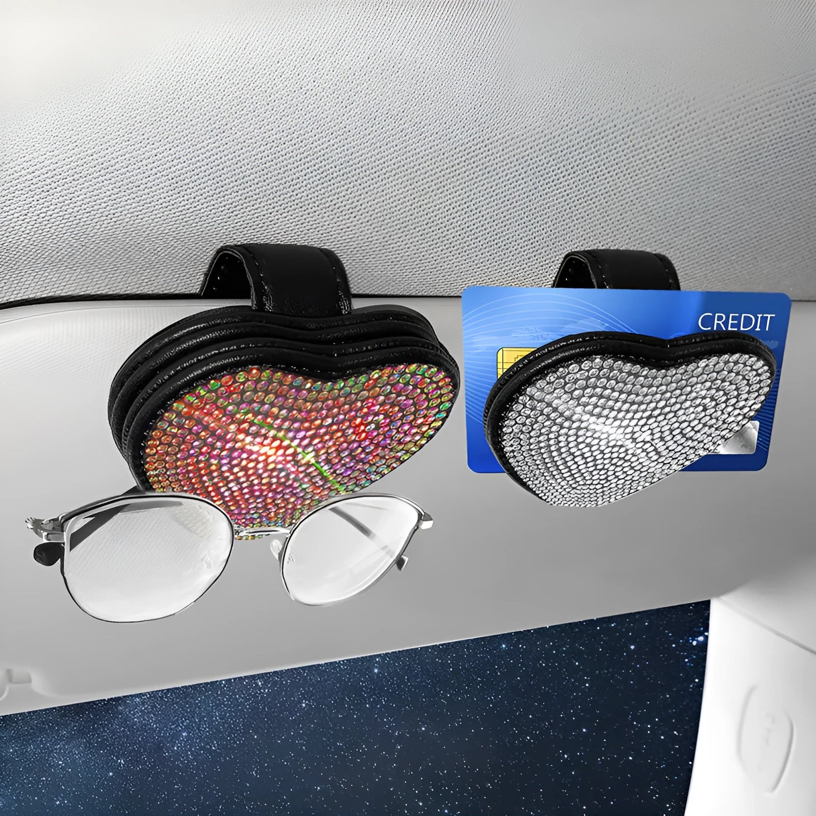 Black PU leather car sun visor clip with magnetic closure for holding sunglasses.