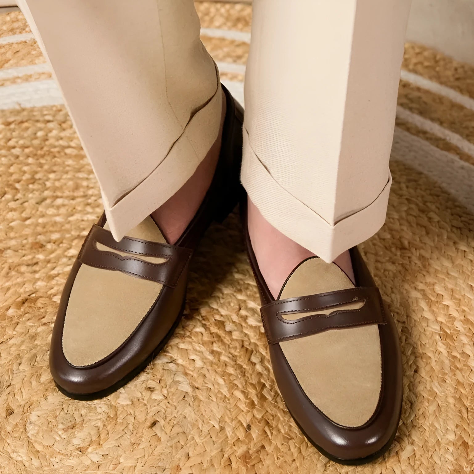 Coffee grey suede leather loafers with a slip-on design and rubber sole
