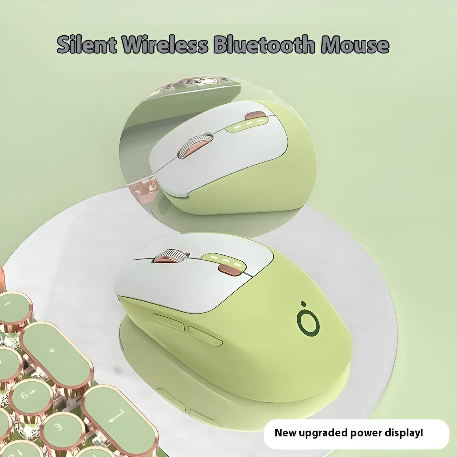 A mute wireless Bluetooth mouse in Matcha Green colour on a desk, showing its compact size and five-button layout.