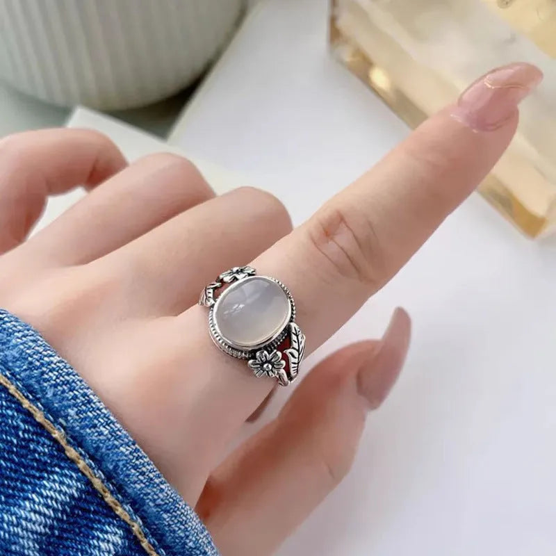 Copper vintage ring with imitation white chalcedony stone and adjustable open mouth design