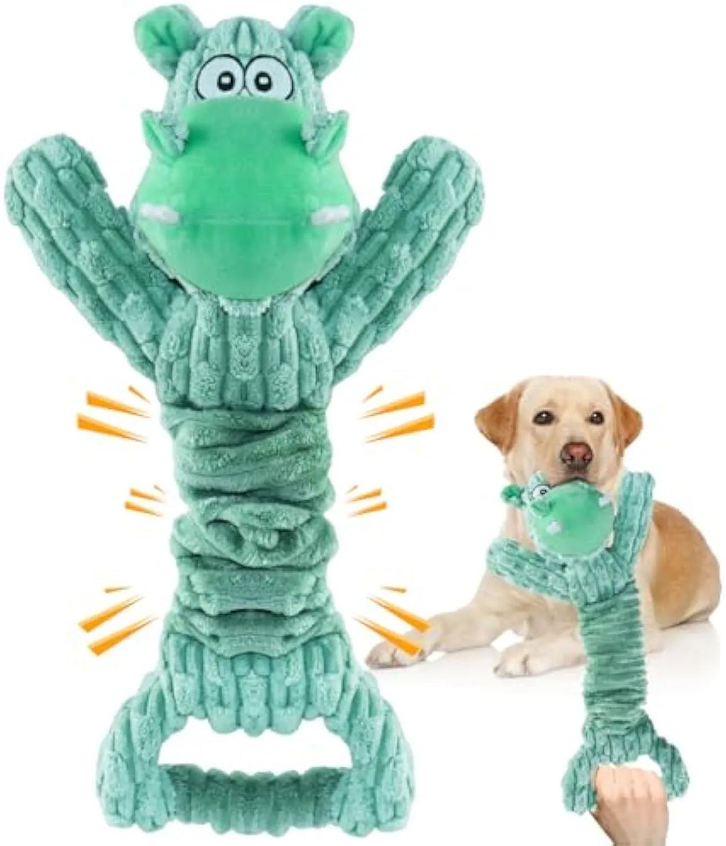 Large plush squeaky dog toy in bright colours with a handle, shown in Hippo and Monkey designs.
