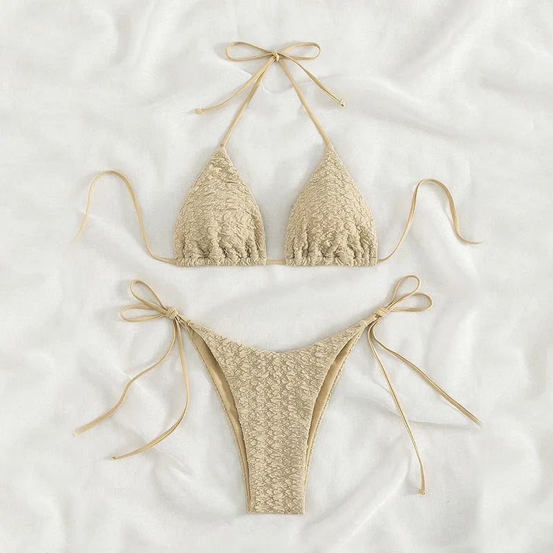 Women's high waist bikini swimsuit with lace-up sides shown in khaki colour.
