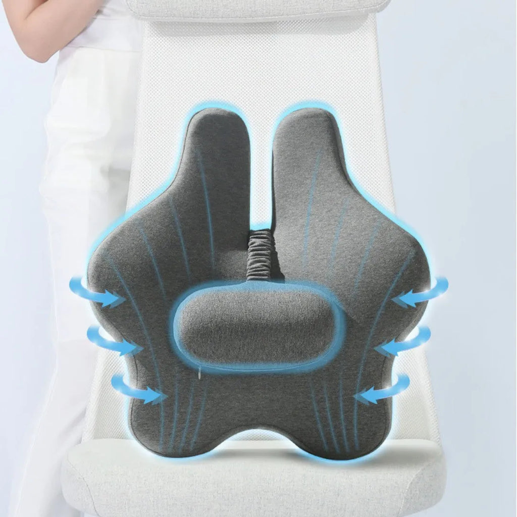 Memory foam car cushion for lumbar support in black, dimensions 50x47x9cm.