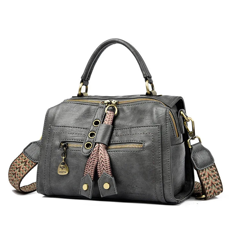 Grey retro-style women's crossbody bag in soft PU leather with horizontal square shape