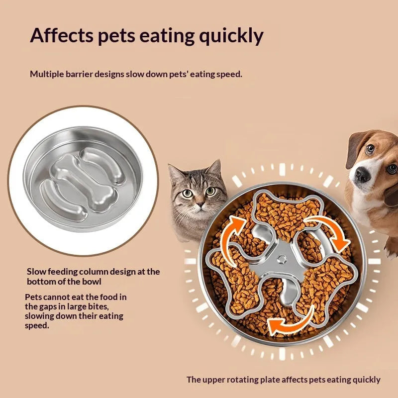 304 stainless steel rotating slow-feeding pet bowl with bone design for dogs and cats