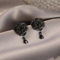 Black rose zircon flower stud earrings with 18K gold electroplating on copper