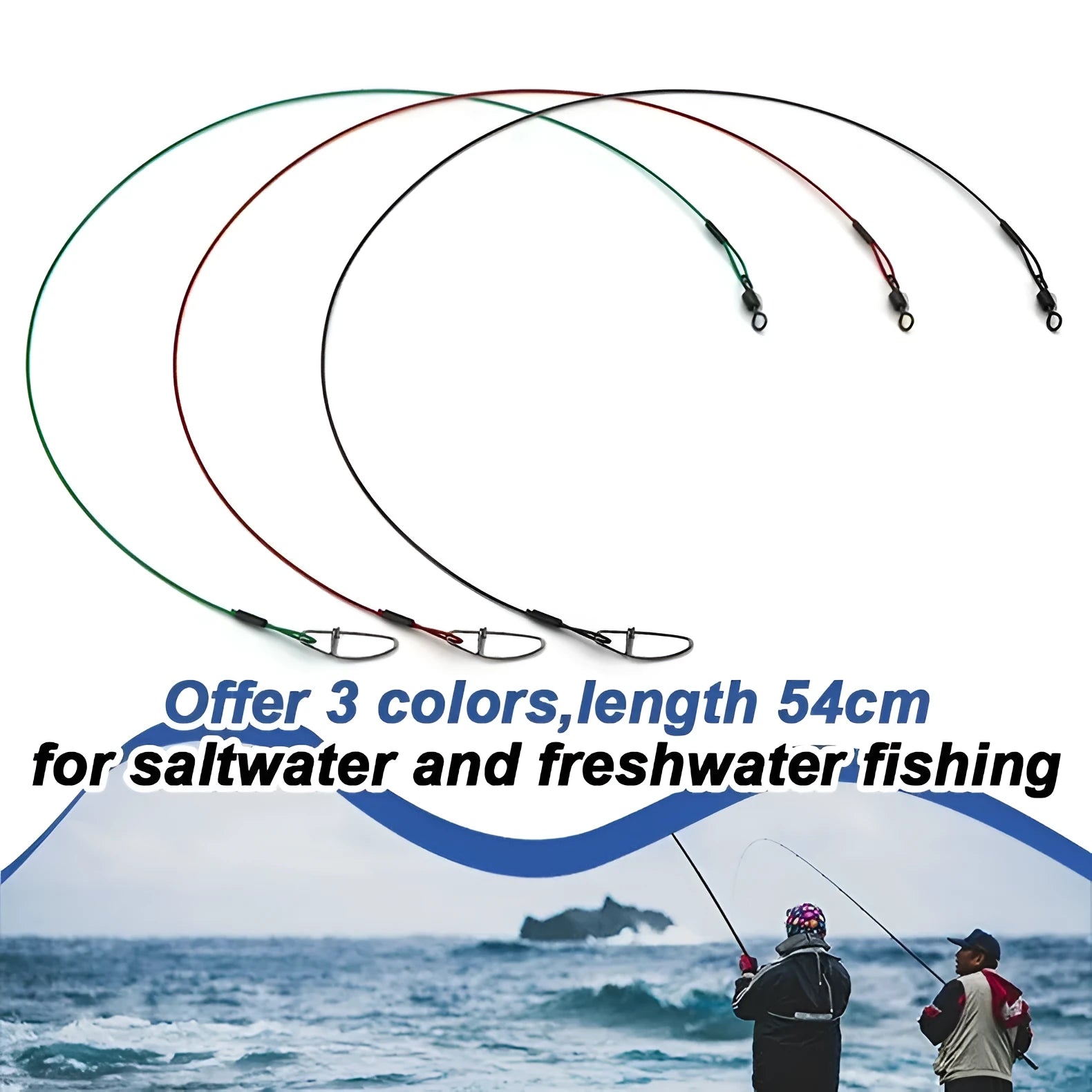 Ten 54cm long steel wire double buckle fishing pins in green, black, and red colours.