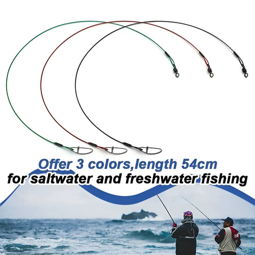 Set of ten green anti-bite steel wire fishing leaders with double buckle pins, each 54cm long.