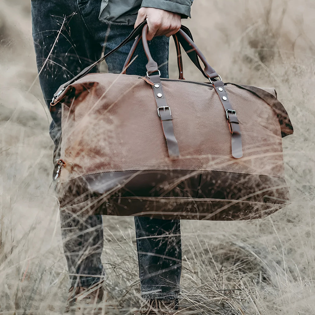 Canvas travel bag 56-75L large men's gym holdall 53x35x25cm with zip pockets and single strap in light grey, blue, black, brown or army green.