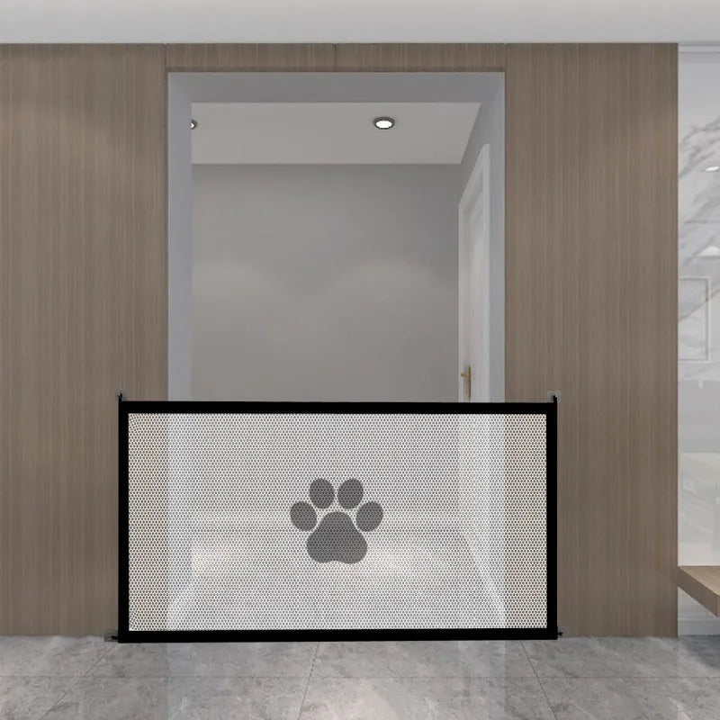 Folding dog barrier safety net fence with pet doorsill design in black or white dog footprint patterns