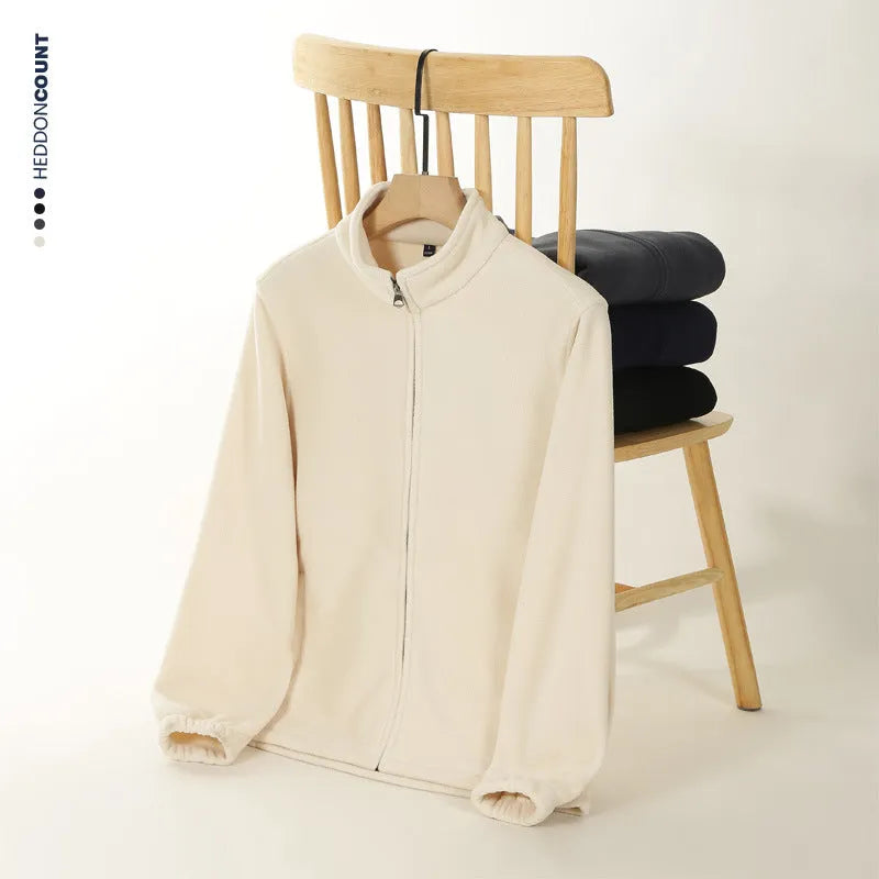 Men's double-sided fleece zip sweatshirt with stand-up collar in black, loose fit, M-4XL.