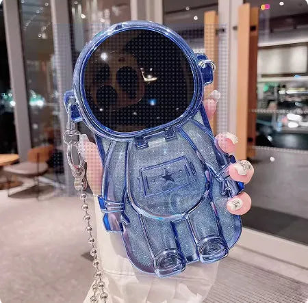 Electroplated TPU astronaut phone case for iPhone 13 with flip mirror and bracket, dark purple gradient glitter finish