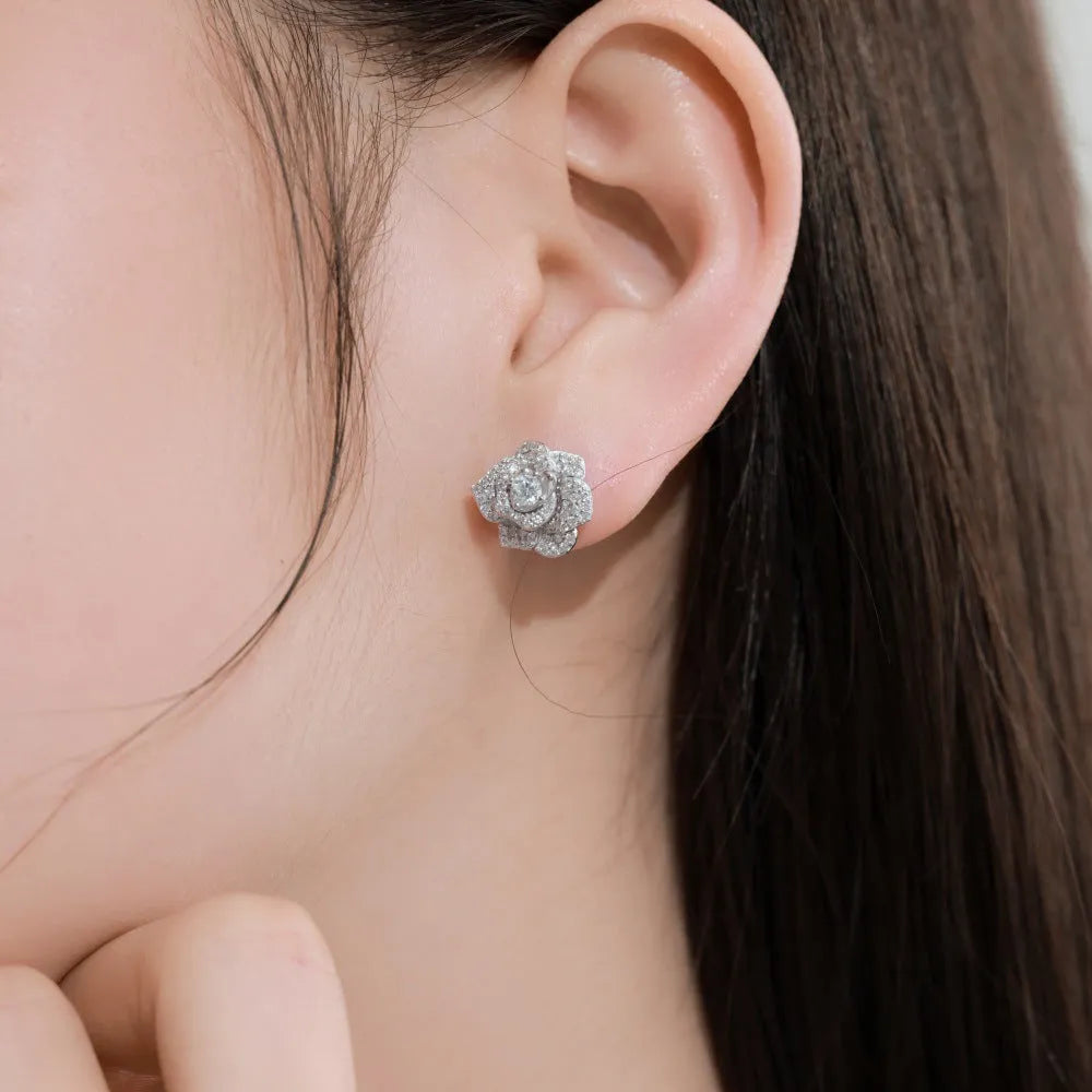 S925 sterling silver stud earrings with rose zircon inlay in platinum finish
