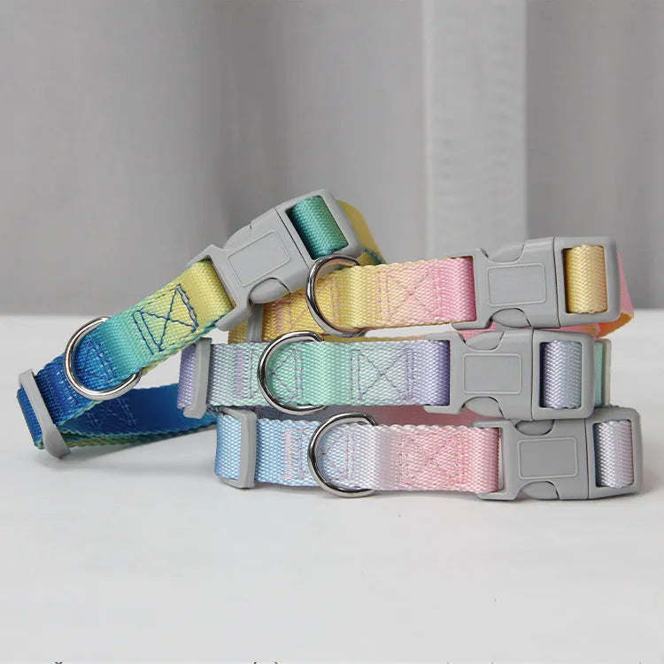 Gradient colour dog leash and collar set made from nylon fabric in multiple colour combinations