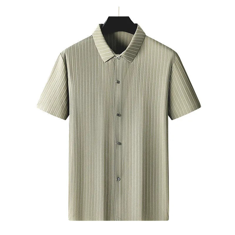 Men's plus size striped ice silk shirt with square collar in loose fit cardigan style
