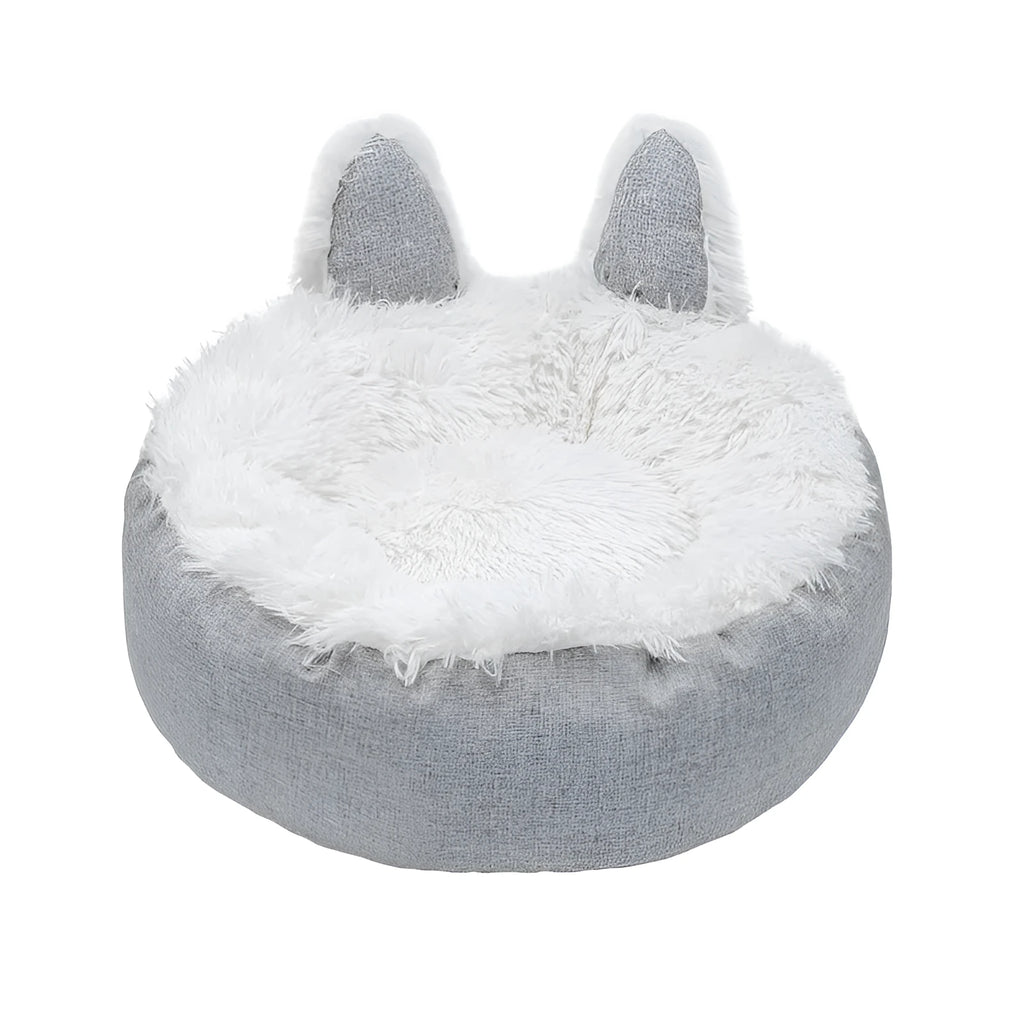 Round plush faux fur cat bed in blue, grey, orange, white or yellow, sizes XS 35cm to XL 75cm