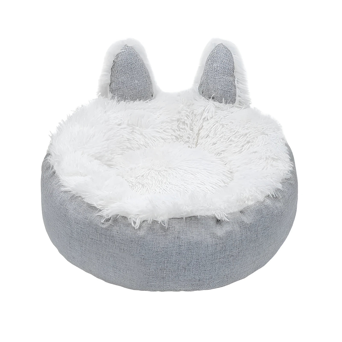 Round plush faux fur cat bed in blue, grey, orange, white or yellow, sizes XS 35cm to XL 75cm