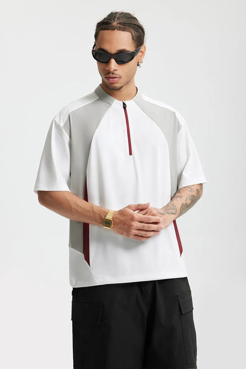 Men's solid colour polyester casual top shown in black and beige, available in long sleeve and short sleeve styles.
