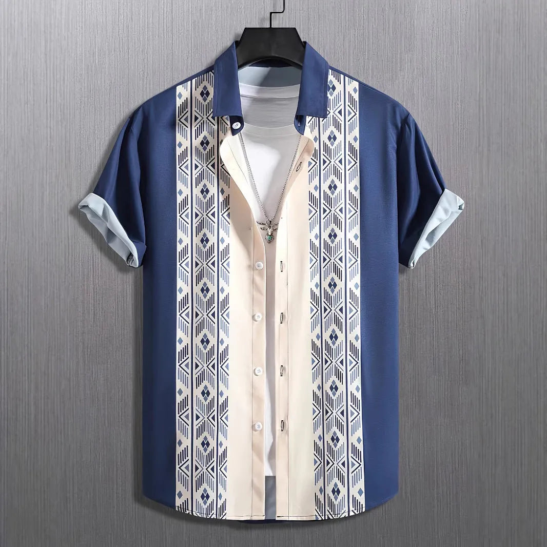Men's loose fit plaid cardigan shirt with lapel collar and short sleeves in polyester elastic fabric