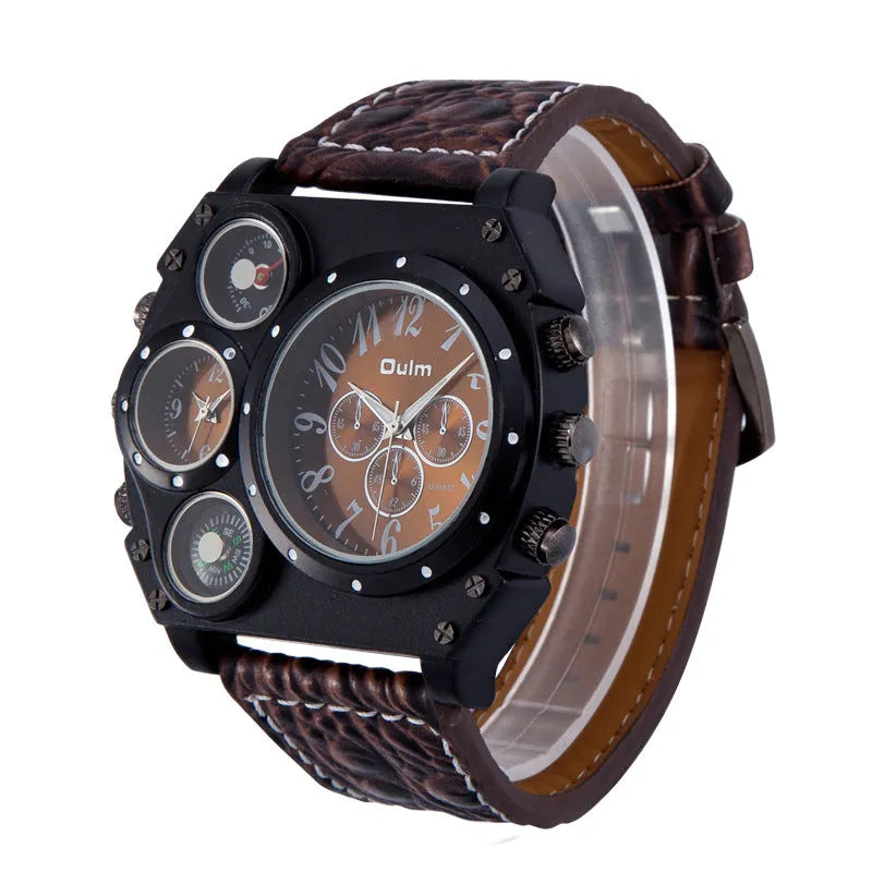 Two places travel time watch for men with two time zones, zinc alloy case 50x58x13mm, PU strap and luminous brown or black dial.