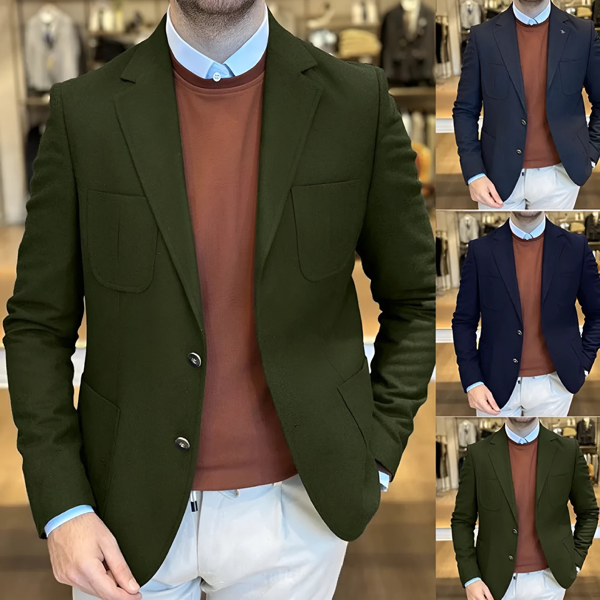 Men's cotton loose-fit retro suit jacket shown in army green colour