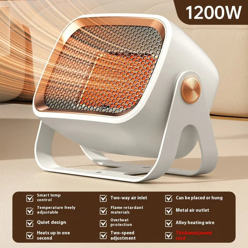 Compact white desktop ceramic heater showing rotatable base and control buttons.