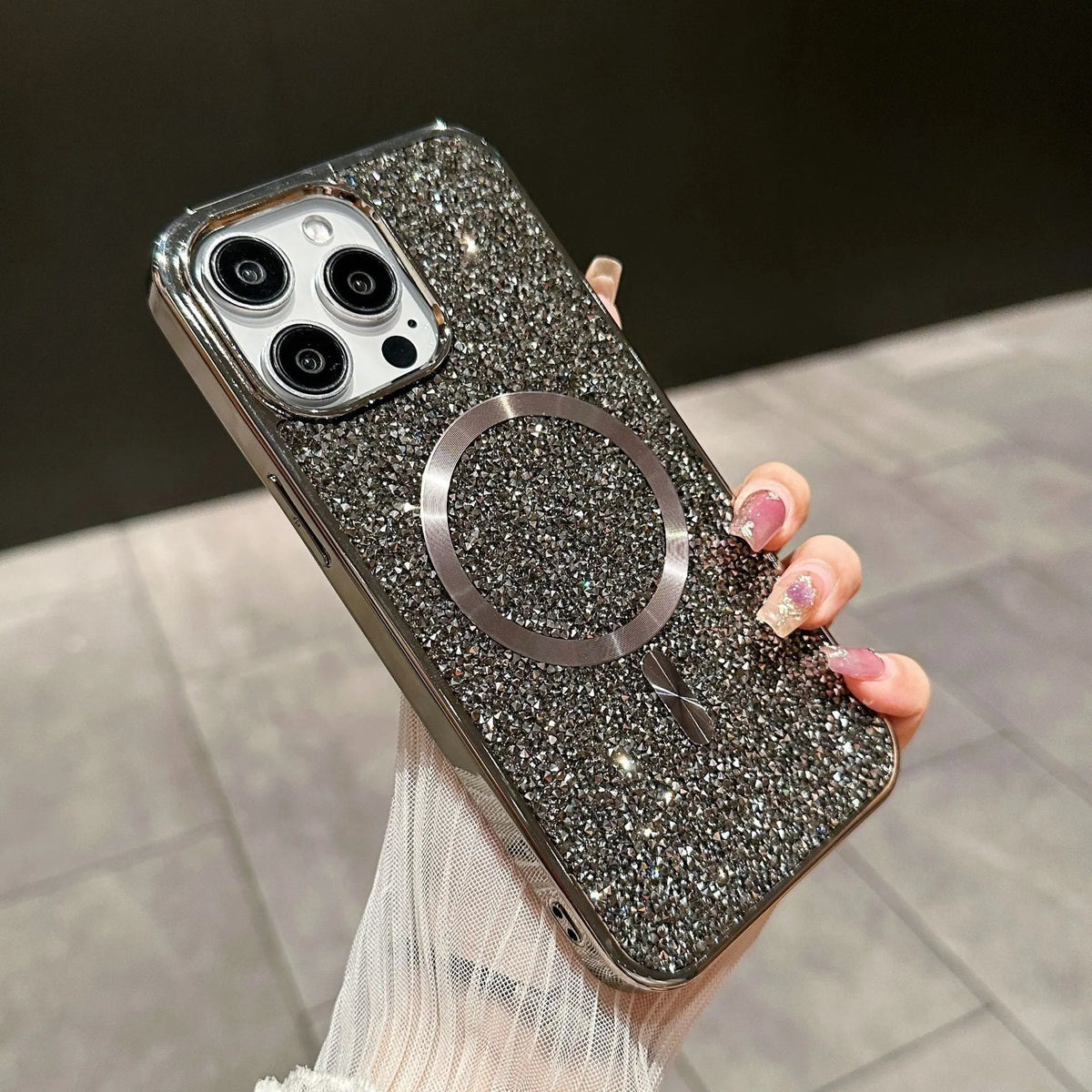Luxury rhinestone magnetic TPU phone case for Apple iPhone, electroplated finish, pink colour