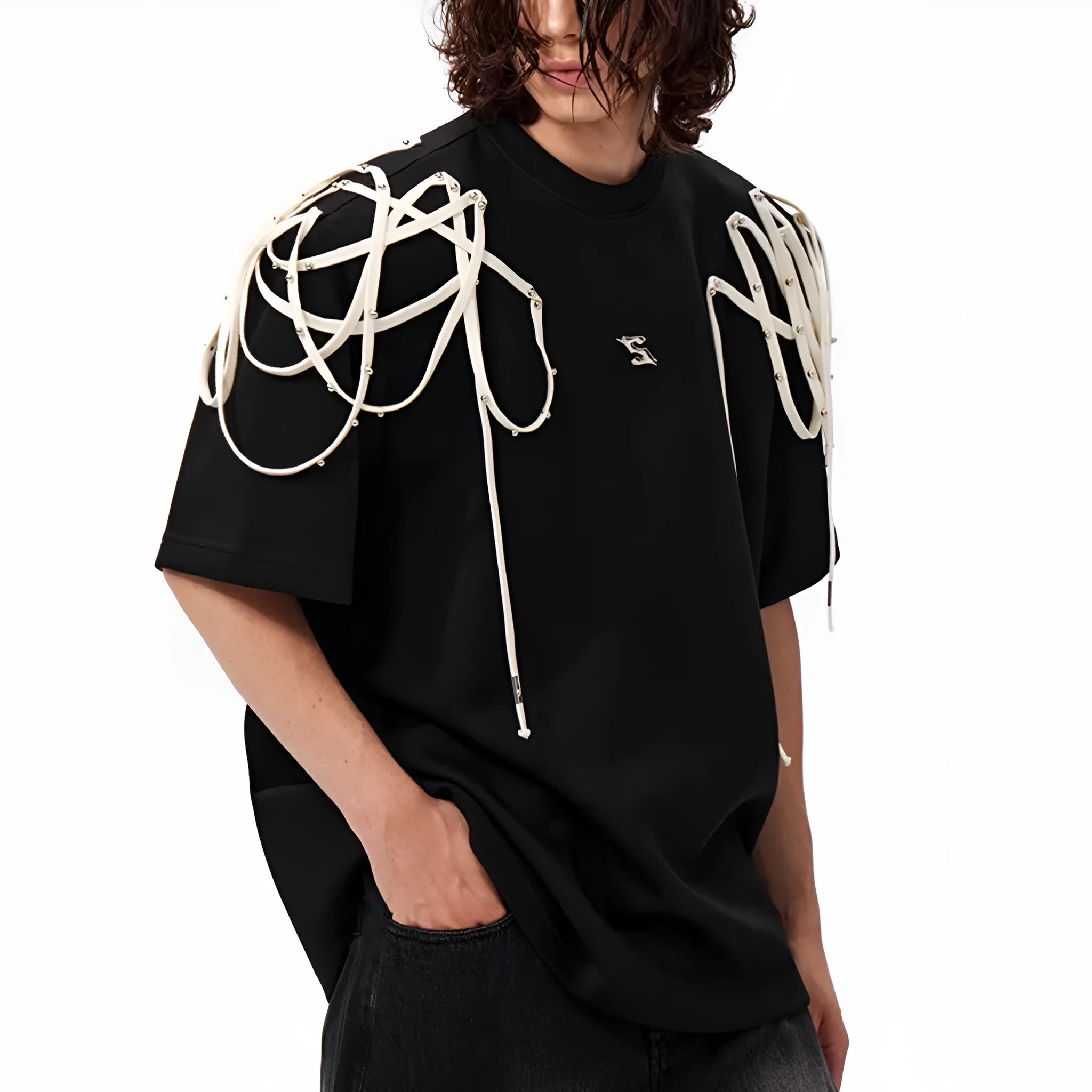 Black women's short-sleeved T-shirt with padded shoulders and rivet ribbon detail.