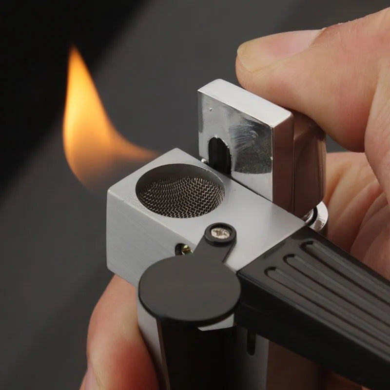 Refillable metal pipe lighter with foldable design showing silver square cover and compact 9.2cm size