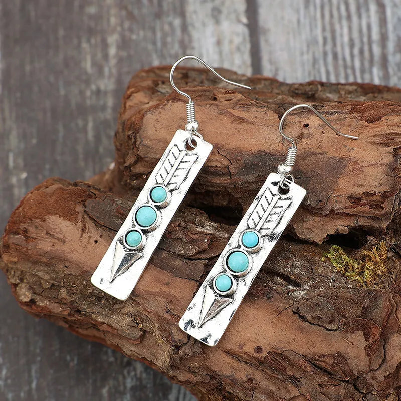 Silver geometric earrings with turquoise inlay on long strip design, retro style women's jewellery