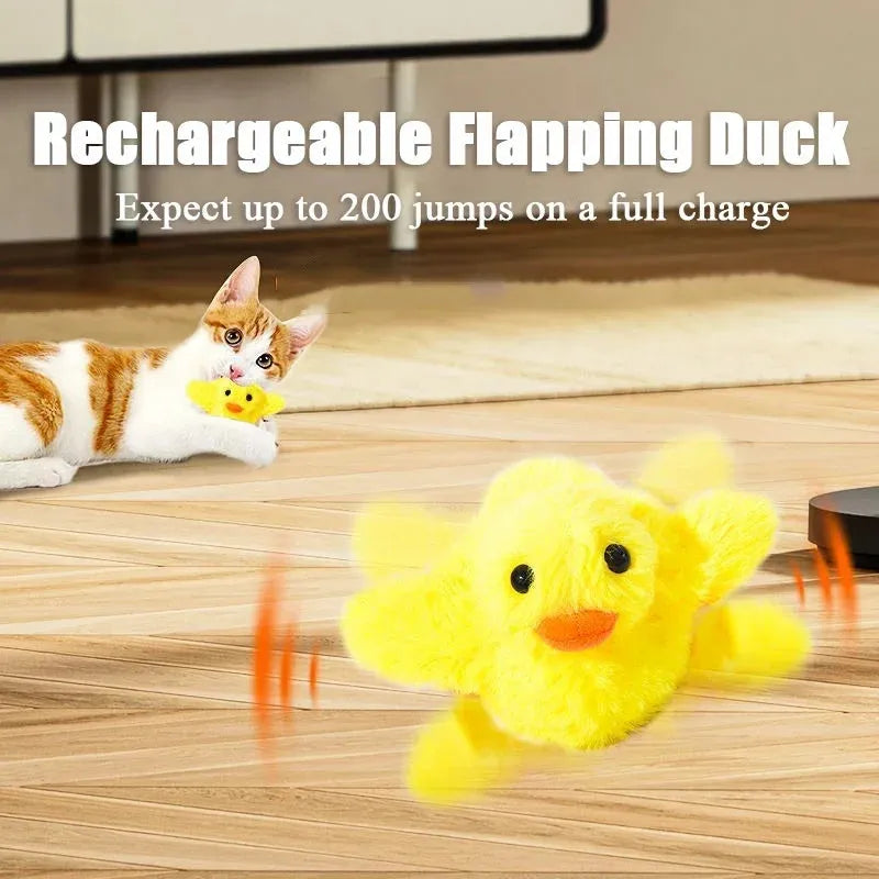 Yellow flapping duck interactive cat toy with motion sensor on a plain background.