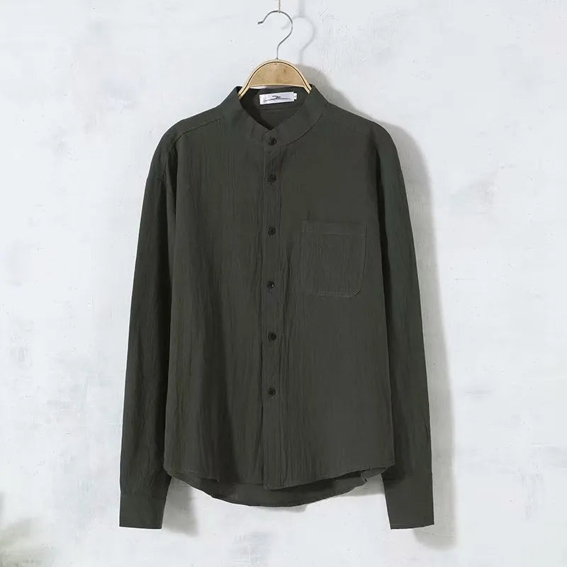 Men's long sleeve round neck loose linen shirt in solid white, black, or green, summer casual top