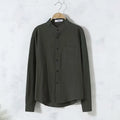 Men's long sleeve round neck loose linen shirt in solid white, black, or green, summer casual top