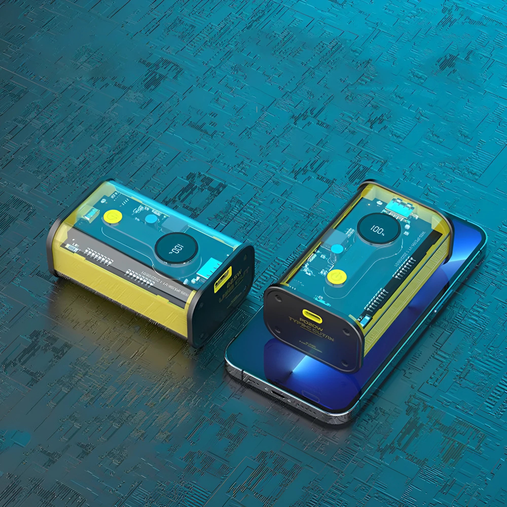 Transparent industrial power bank showing internal components with 10000mAh capacity and multiple USB ports