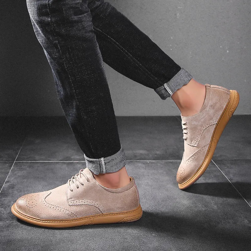 Men's black leather low-top lace-up business shoes with retro styling and visible stitching