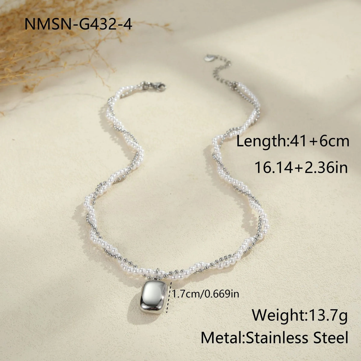 Double-layer pearl necklace with geometric pendant, stainless steel regular chain, gold or steel electroplated finish, 18K