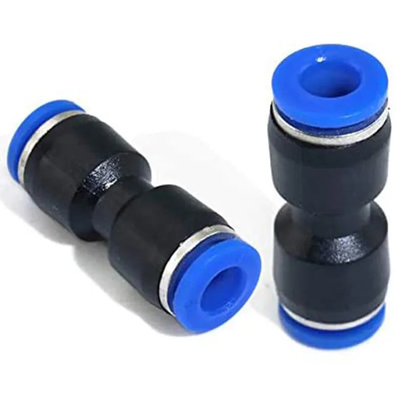 Blue Jinqi pneumatic straight through quick connector for PU tubing sizes 4mm to 16mm.